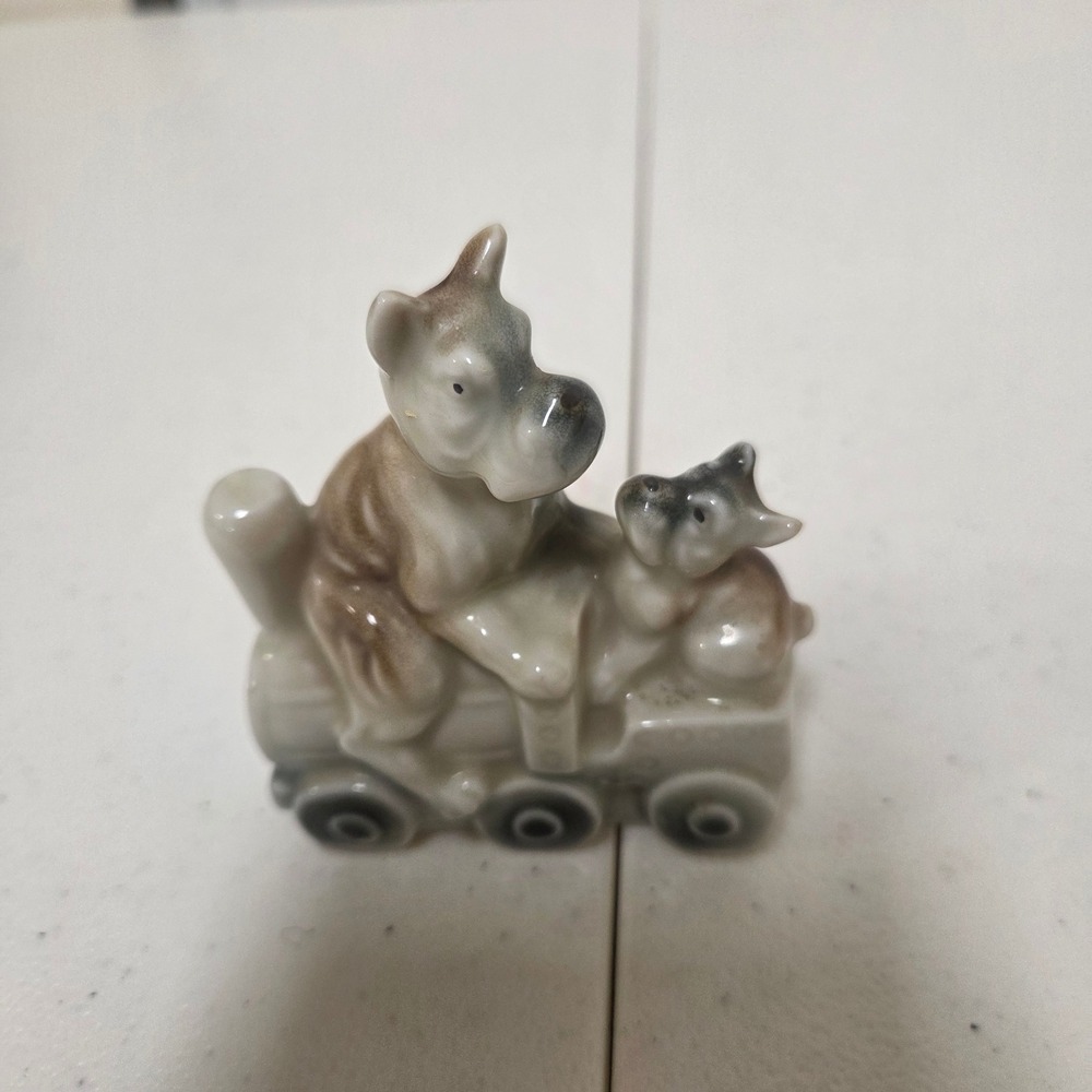 Vintage Porcelain Dogs on Train Figurine Gray Brown Puppy Miniature Japan